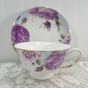 Grace Tea Ware Purple Rose Floral Teacup and Saucer Set Gold Trim Dishwasher